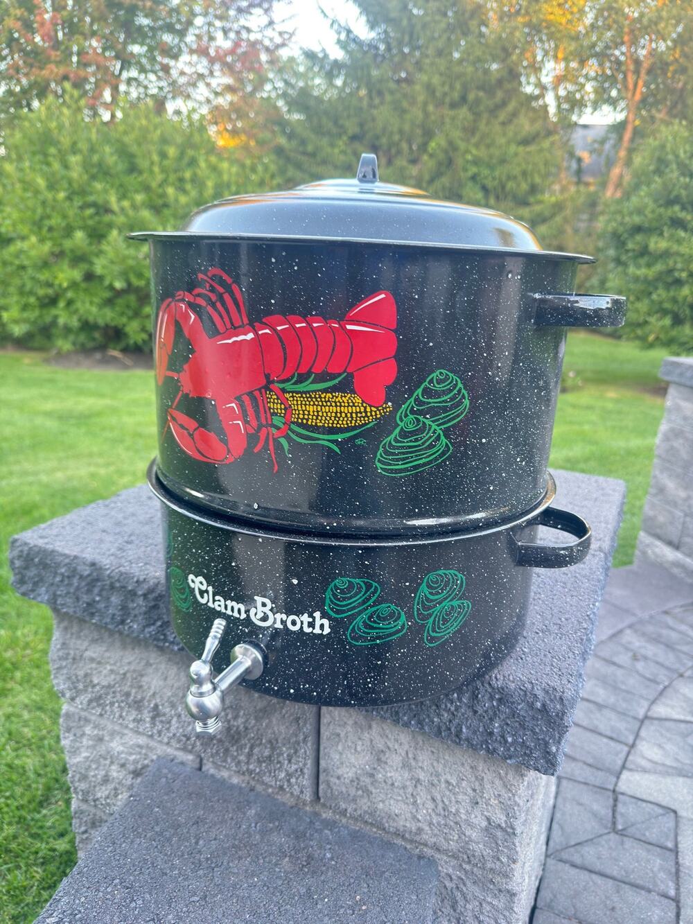 Speckled Enamel Black Double Steam Pot 15” Lobster Clam Broth Spigot - 4 Pc Set